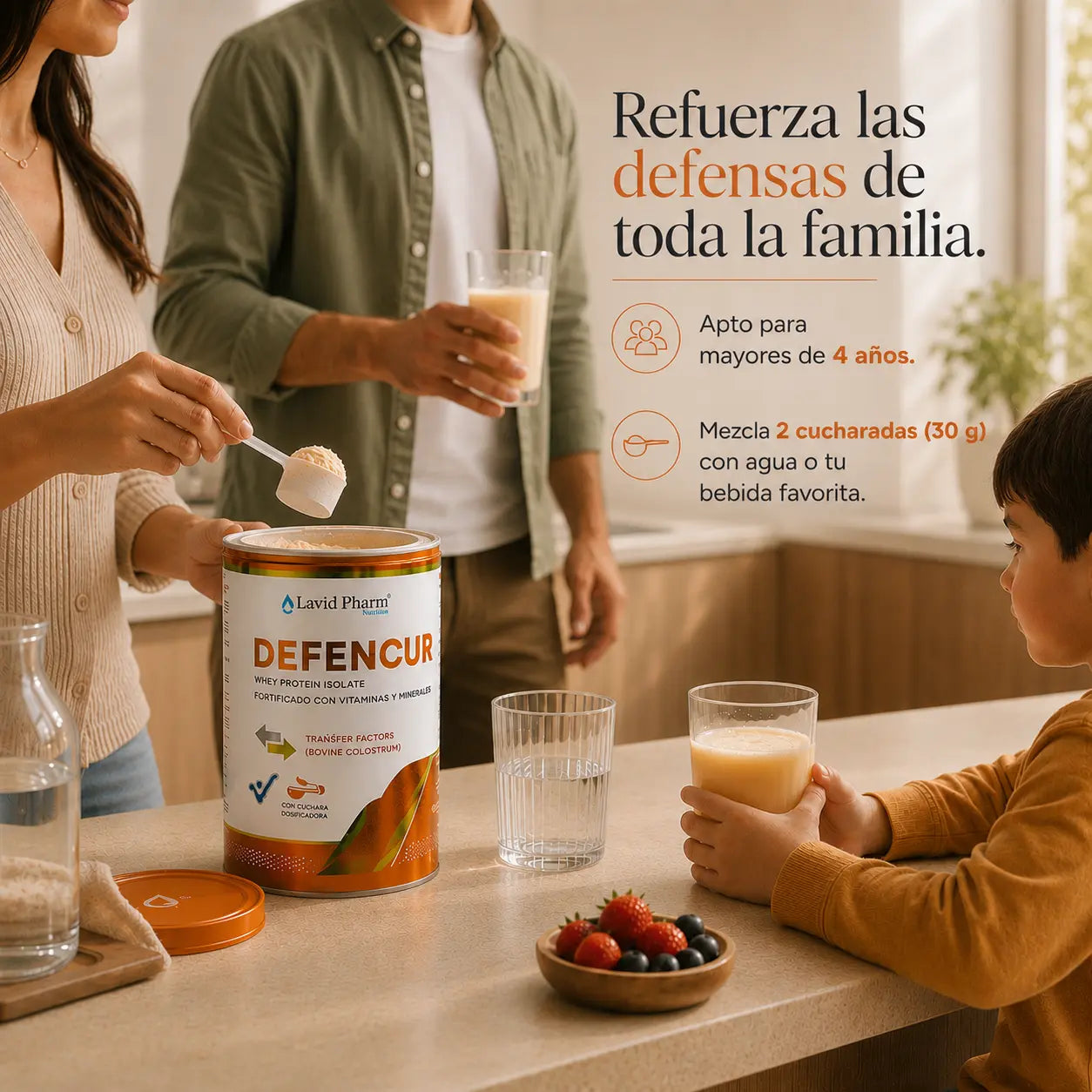 Familia preparando y consumiendo Defencur de Lavid Pharm durante el desayuno. Suplemento nutricional para mayores de 4 años que se mezcla con agua o la bebida favorita como parte de la rutina diaria.