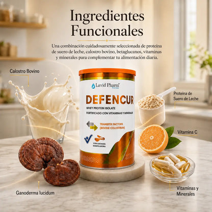 Ingredientes funcionales de Defencur: proteína de suero de leche, calostro bovino, Ganoderma lucidum, vitaminas y minerales.