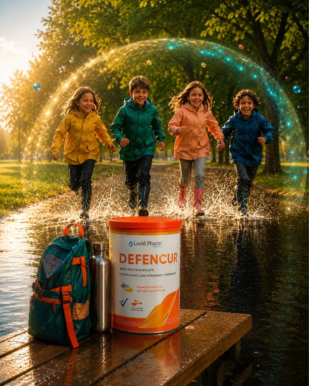 Niños jugando al aire libre mientras DEFENCUR® acompaña el bienestar y las defensas como parte de una alimentación equilibrada y un estilo de vida saludable.