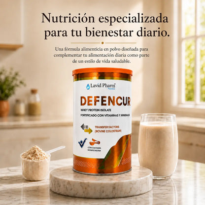 Defencur de Lavid Pharm, fórmula alimenticia en polvo con proteína de suero aislada, vitaminas y minerales para complementar la alimentación diaria.