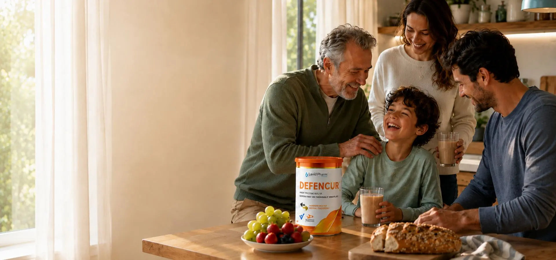Familia de tres generaciones compartiendo el desayuno con DEFENCUR de Lavid Pharm, suplemento nutricional que acompaña el bienestar diario de toda la familia.