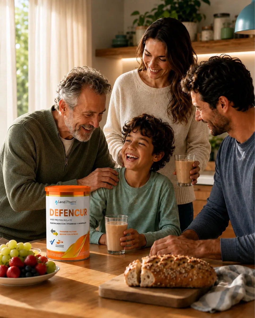 Abuelo, padres e hijo compartiendo un desayuno con DEFENCUR de Lavid Pharm, suplemento nutricional para acompañar el bienestar de toda la familia.