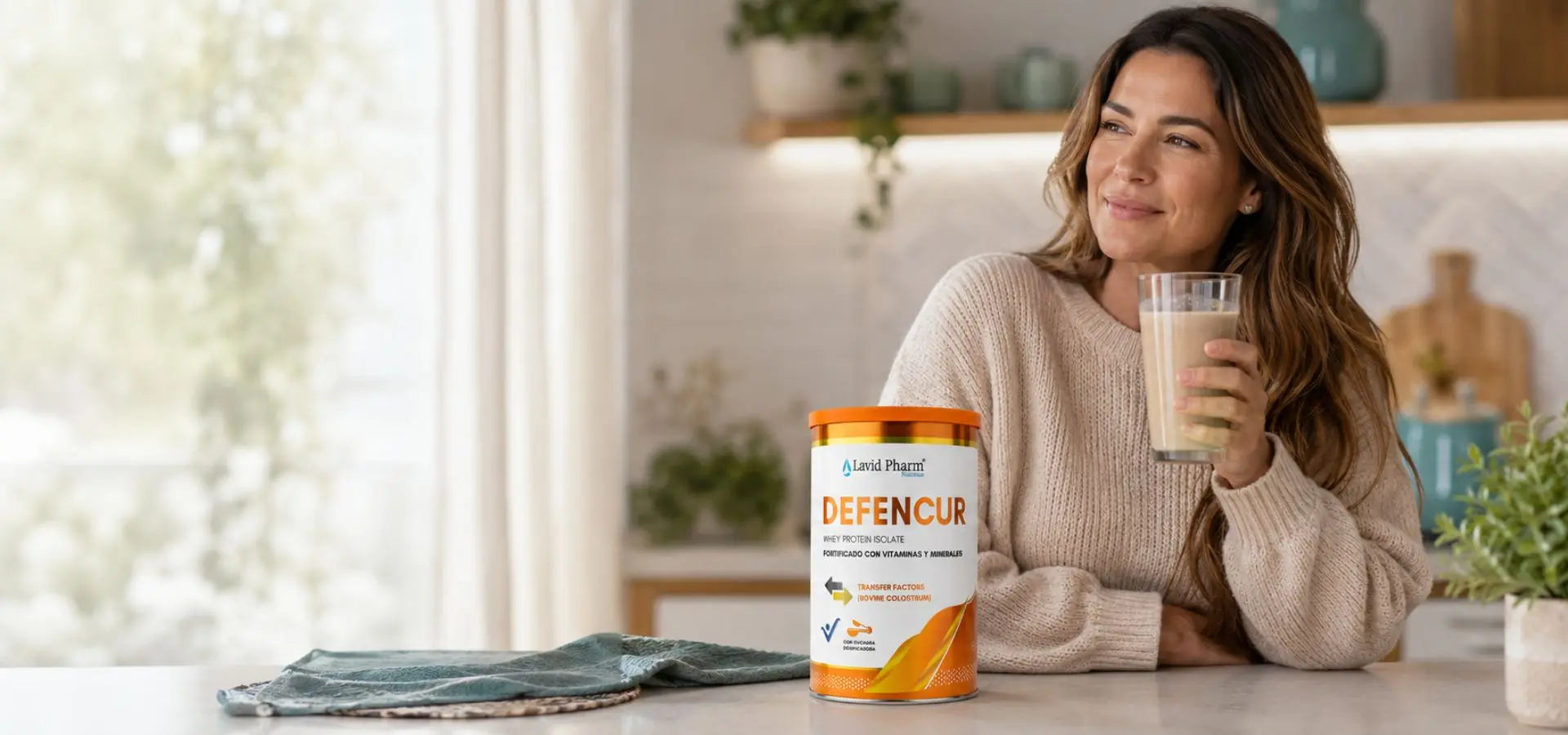 Mujer disfrutando un batido de DEFENCUR de Lavid Pharm en casa, suplemento nutricional para apoyar las defensas y el bienestar diario.