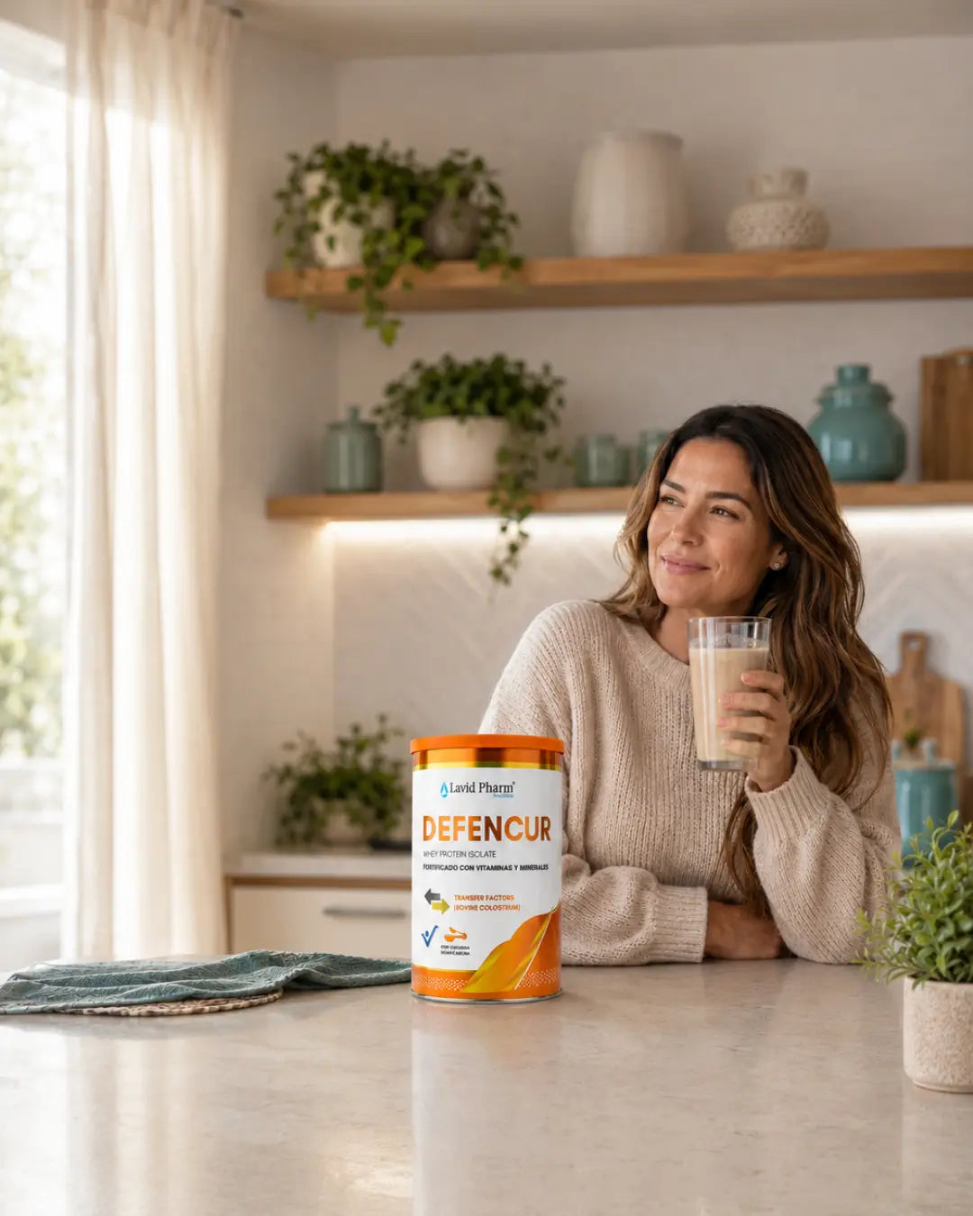 Mujer disfrutando un batido de DEFENCUR de Lavid Pharm en casa, suplemento nutricional para apoyar las defensas y el bienestar diario.
