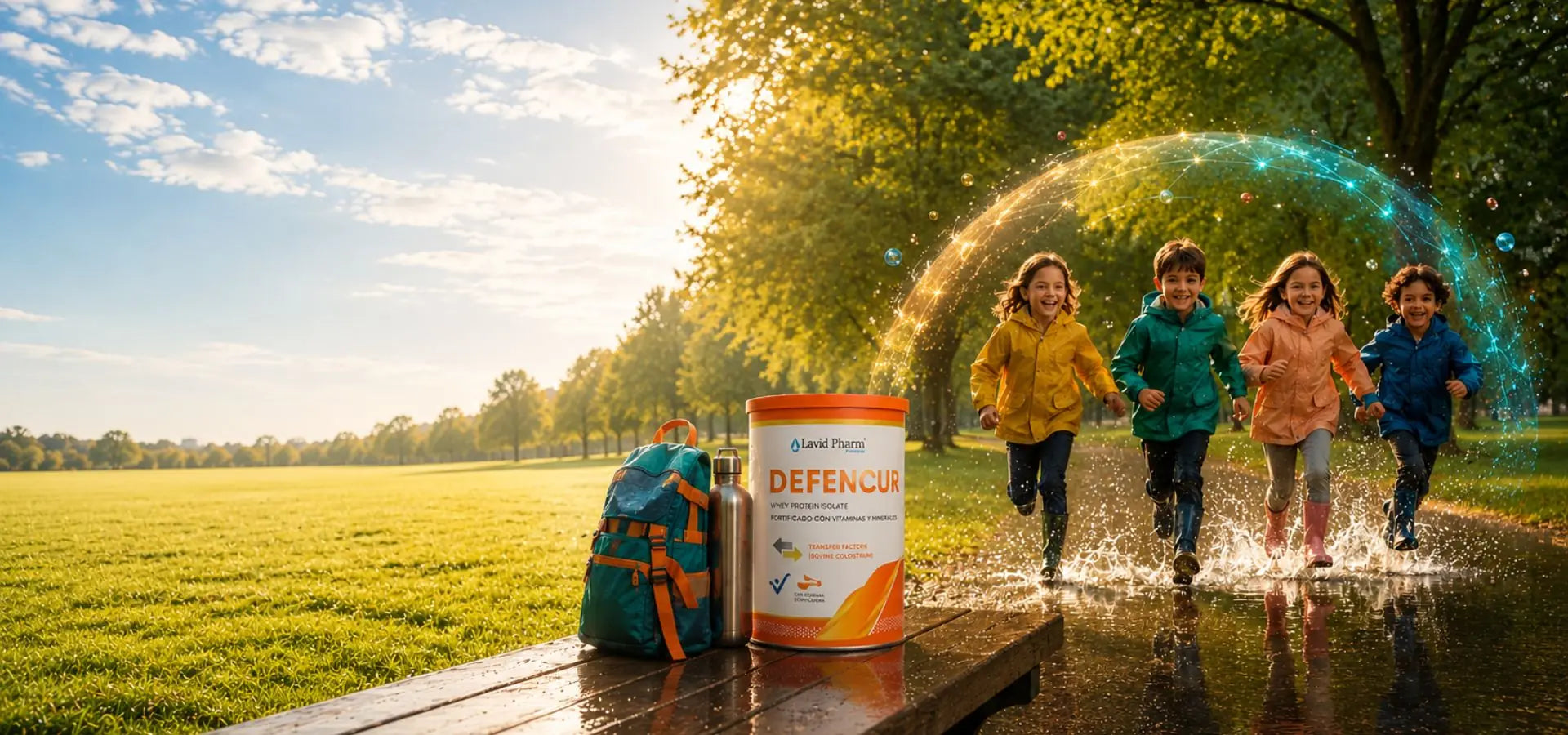 Niños jugando al aire libre mientras DEFENCUR acompaña el bienestar y las defensas como parte de una alimentación equilibrada y un estilo de vida saludable.